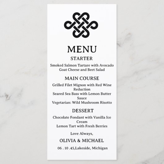 Editable Black & White Trinity Celtic Knot Wedding Menu (Voorkant)