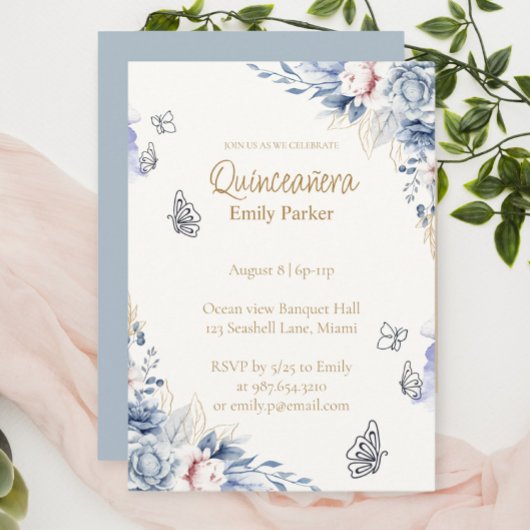 Editable Blue and Gold Quinceañera Invitation Kaart