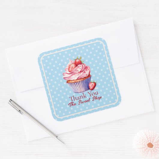 Editable Blue Bakery Thank You  | Cupcake Logo Vierkante Sticker (Envelop)