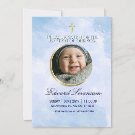 Editable Blue Cloud Baby Boy Baptism Kaart