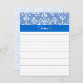 Editable Blue White  Damask Floral Lined Notitiekaartje