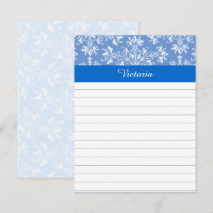 Editable Blue White  Damask Floral Lined Notitiekaartje