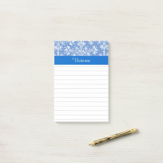 Editable Blue White  Damask Floral Lined Post-it® Notes (Op bureau)