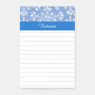 Editable Blue White Damask Floral Lined Post-it® Notes