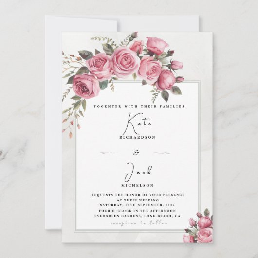 Editable Blush Rose Floral Frame Wedding Kaart (Voorkant)