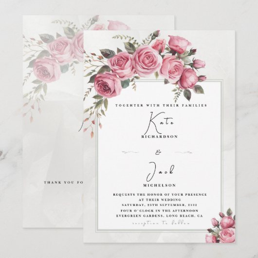 Editable Blush Rose Floral Frame Wedding Kaart (Voorkant / Achterkant)