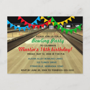 Editable Bowling Alley Lane Birthday Party Uitnodiging Briefkaart