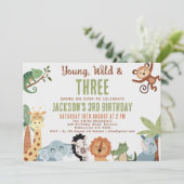 Editable Brown Green Young Wild Three 3rd Birthday Kaart (Staand voorkant)