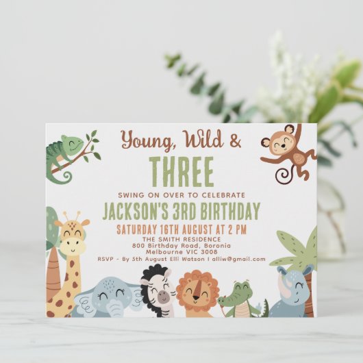 Editable Brown Green Young Wild Three 3rd Birthday Kaart (Staand voorkant)
