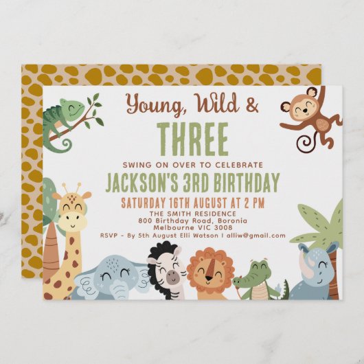 Editable Brown Green Young Wild Three 3rd Birthday Kaart (Voorkant / Achterkant)