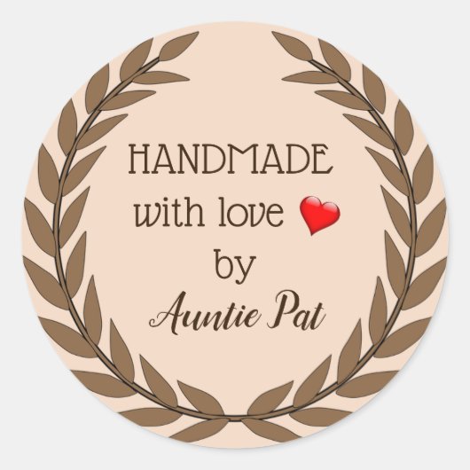 Editable Brown Leaf Wreated Handmade with Love by Ronde Sticker (Voorkant)
