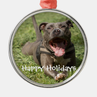 Editable Brown Pitbull in Grass Metalen Ornament