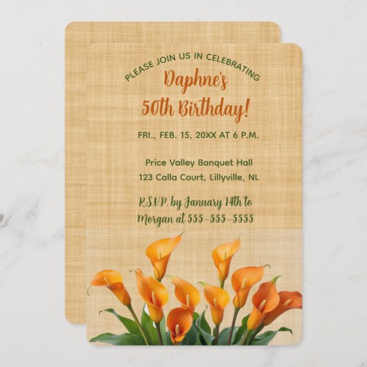 Editable Calla Lilies on Beige Linen Kaart (Voorkant / Achterkant)