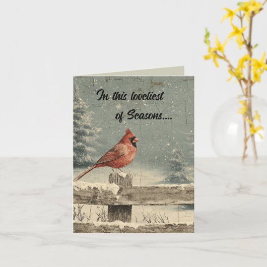 Editable Cardinal on a Fence in Winter Christmas Kaart (Gele Bloem)