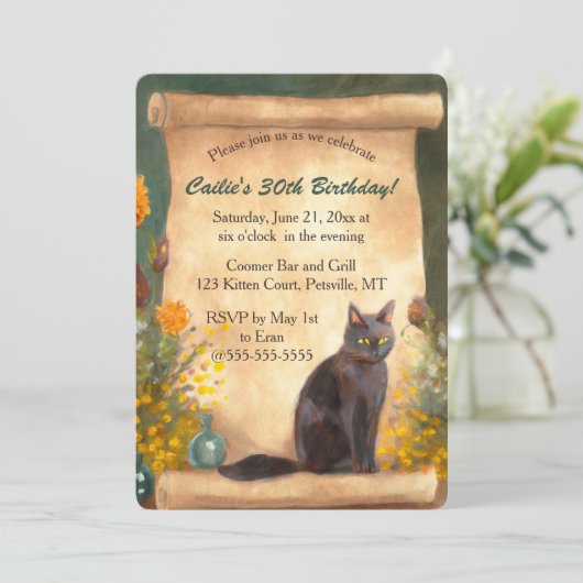 Editable Cat Scroll and Flowers Kaart (Staand voorkant)