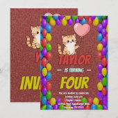 Editable Cat-Themed Birthday Invitation Balloon Kaart (Voorkant / Achterkant)