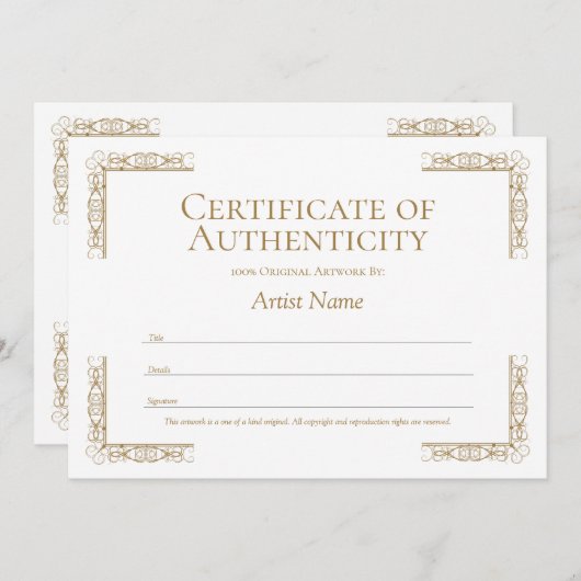 Editable Certificate of Authenticity Sjabloon Kaart (Voorkant / Achterkant)