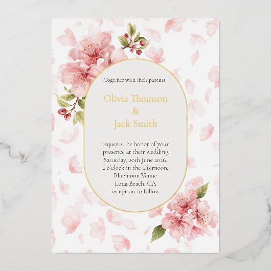 Editable Cherry Blossom Foil Wedding Invitation  Folie Uitnodiging (Voorkant)