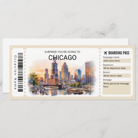 Editable Chicago Trip Boarding Pass Ticket Kaart (Voorkant / Achterkant)