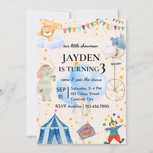 Editable Circus Birthday Invitation for Boys&Girls Kaart (Voorkant)