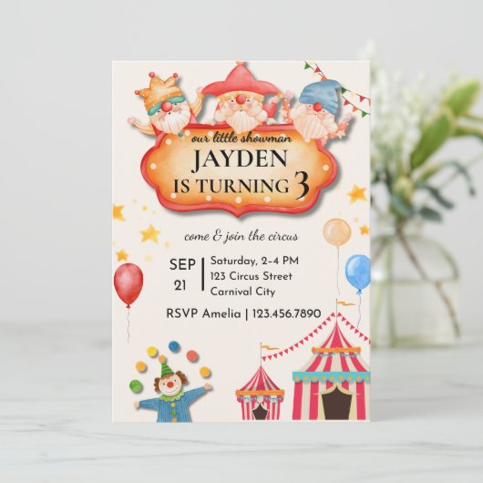 Editable Circus Birthday Invitation Kaart (Staand voorkant)