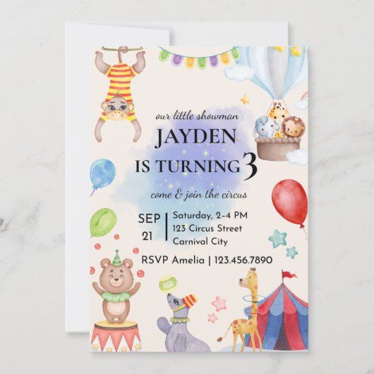 Editable Circus Birthday Invitation Kaart (Voorkant)