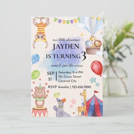 Editable Circus Birthday Invitation Kaart (Staand voorkant)