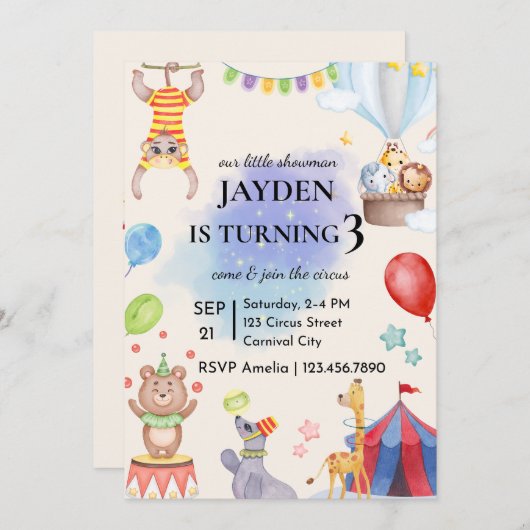 Editable Circus Birthday Invitation Kaart (Voorkant / Achterkant)