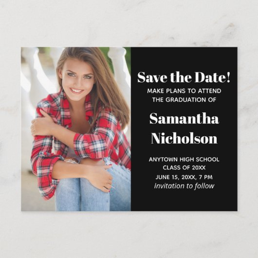 Editable Color Black Afstuderen Photo Save Date Aankondigingskaart (Voorkant)