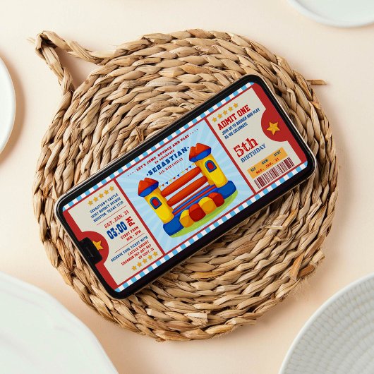 Editable Color Bounce House Ticket Birthday Kaart