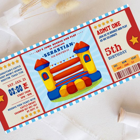 Editable Color Bounce House Ticket Birthday Kaart