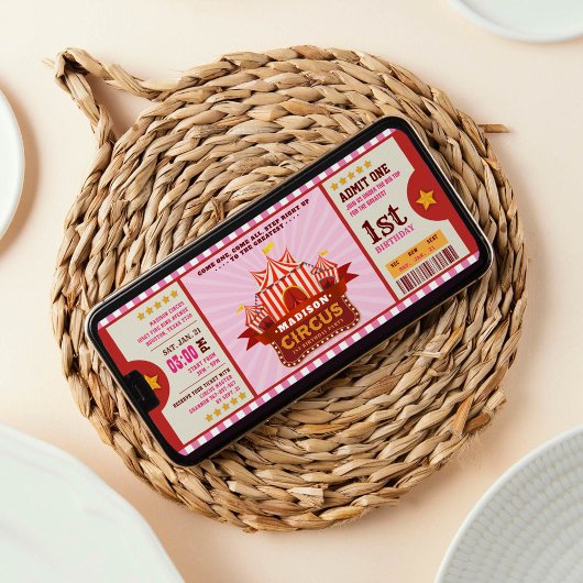 Editable Color Circus Ticket First Birthday Kaart