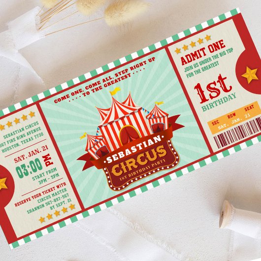 Editable Color Circus Ticket First Birthday Kaart