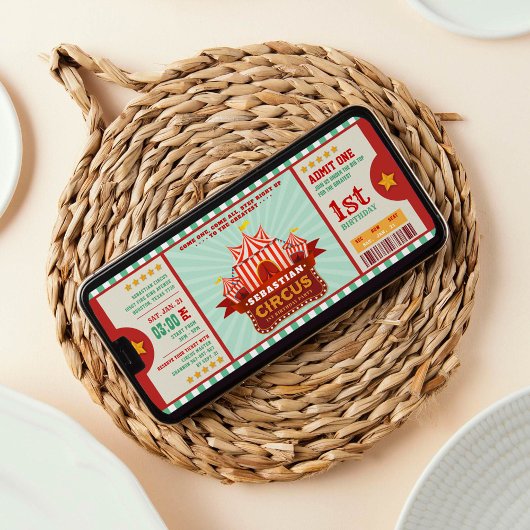 Editable Color Circus Ticket First Birthday Kaart