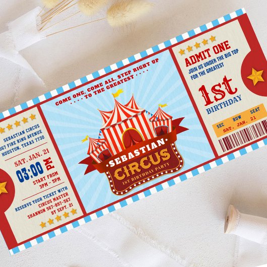 Editable Color Circus Ticket First Birthday Kaart