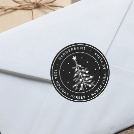 Editable Color Kerstmis Tree Return Address Black Ronde Sticker