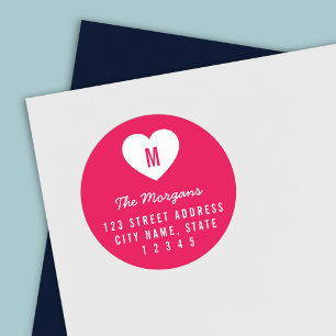 Editable Color Monogram White Heart Family Address Ronde Sticker