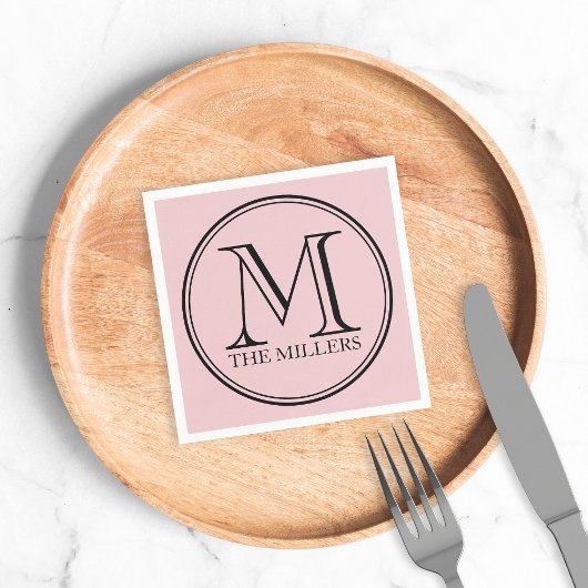Editable Color Name Round Black Monogram Servet