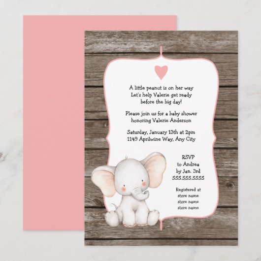 EDITABLE COLOR rustic Girl Elephant Baby shower Kaart (Voorkant / Achterkant)