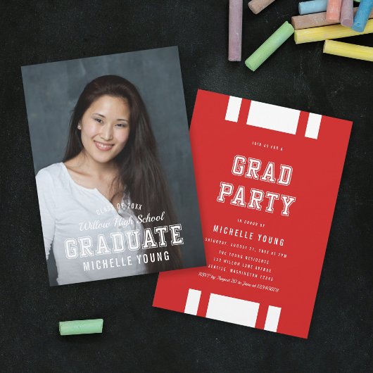 Editable Color Varsity Photo Afstuderen Afstudeerd Kaart