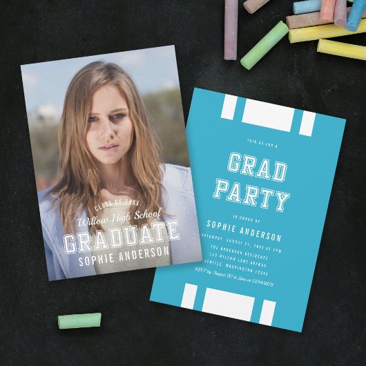 Editable Color Varsity Photo Afstuderen Afstudeerd Kaart