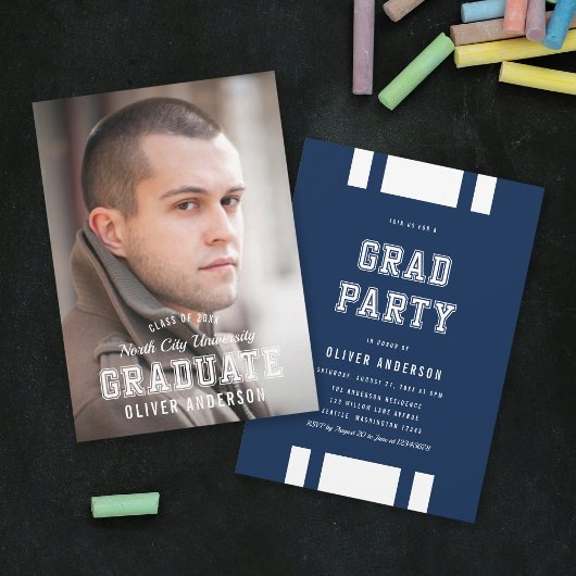 Editable Color Varsity Photo Afstuderen Afstudeerd Kaart