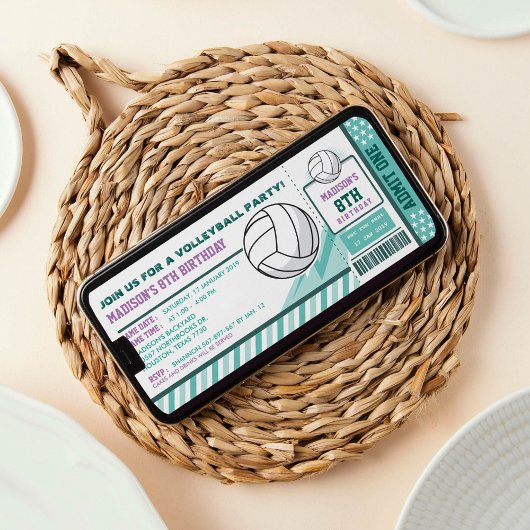 Editable Color Volleyball Ticket Pass Birthday Kaart