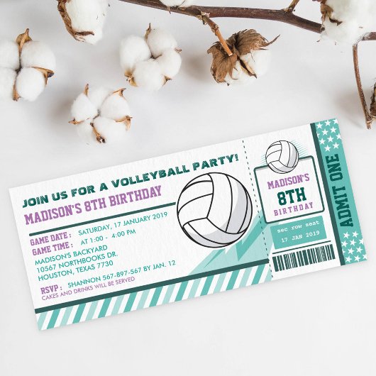 Editable Color Volleyball Ticket Pass Birthday Kaart