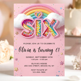 Editable Colorful Rainbow Sequin 6th Birthday Invi Kaart