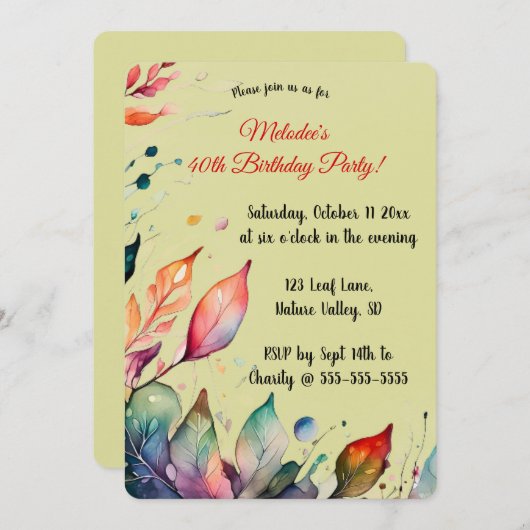 Editable Colourful Leaves Invitation Kaart (Voorkant / Achterkant)
