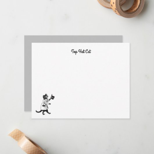 Editable  Cool Top Hat Cat Black and White Notitiekaartje (Voorkant / Achterkant in situ)