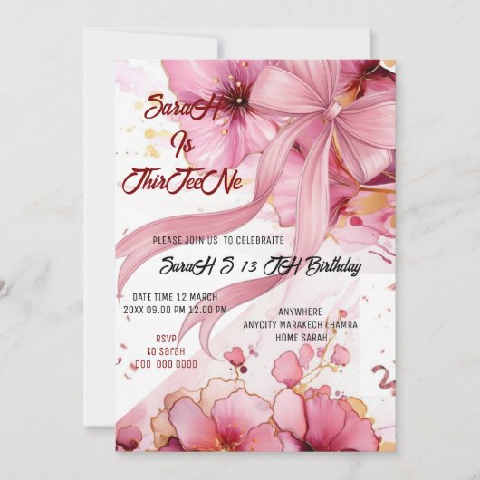 Editable Coquette Pink Bow Birthday Invitation, Pi Kaart (Voorkant)