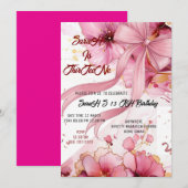 Editable Coquette Pink Bow Birthday Invitation, Pi Kaart (Voorkant / Achterkant)