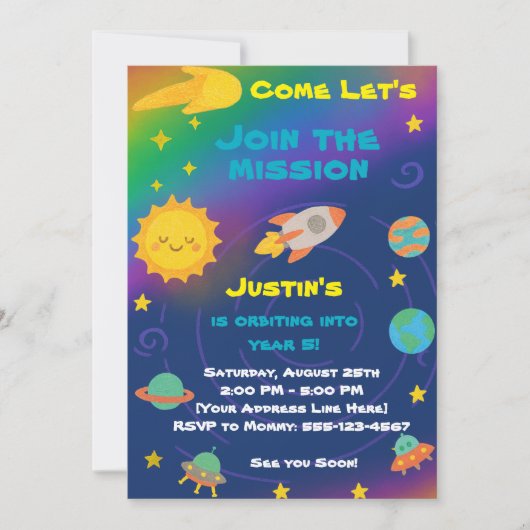 Editable Crayon Style – Solar System Birthday Kaart (Voorkant)